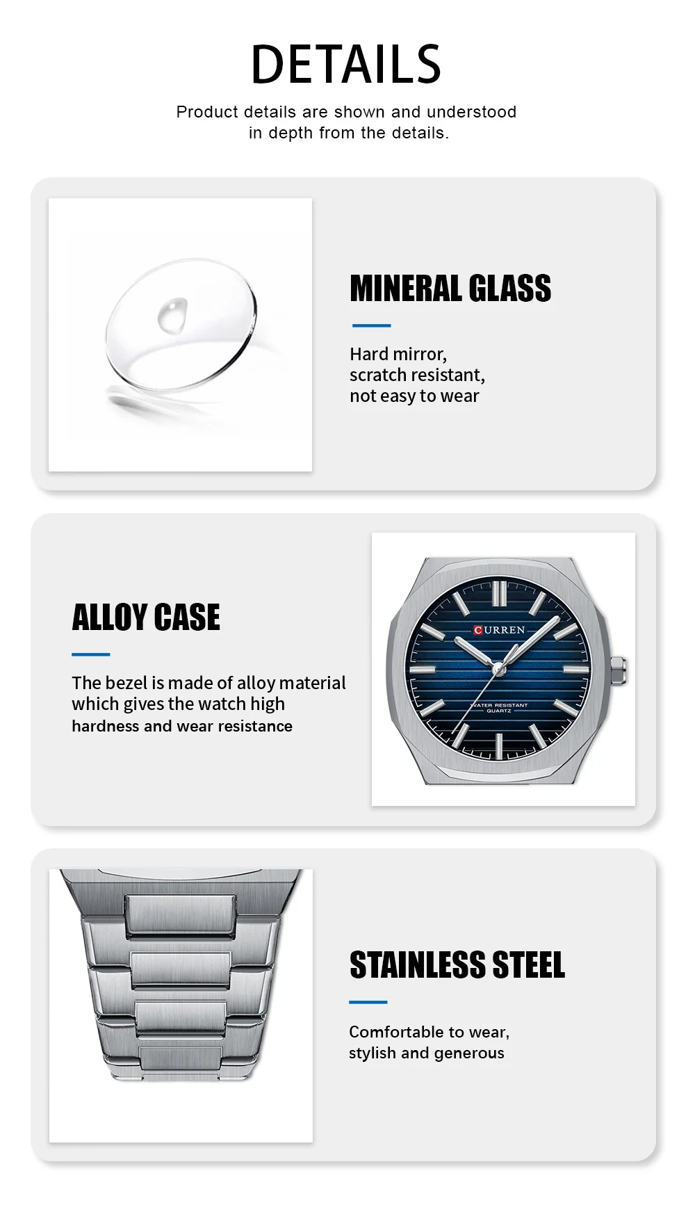 CURREN Minimalistische Herrenuhr mit Edelstahlarmband und Leuchtzeigern, klassische Business-Quarz-Armbanduhr für Männer – Detail 8