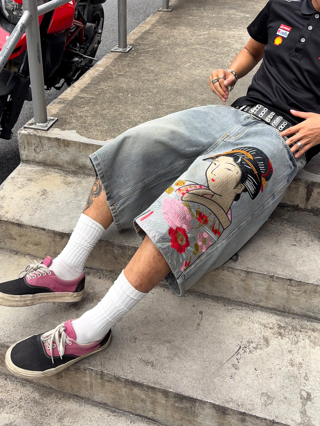Immagine 7: Pantaloncini in denim blu da uomo, stile giapponese retrò, ricamati, larghi, Y2K, tendenza street skate, versatili e casual.