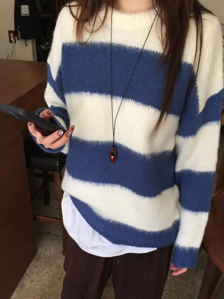 Faionable Lazy Sle Damen-Strickpullover für die Wintersaison, Farbe Blo Design Layering Sensation, einzigartige kleine Ence