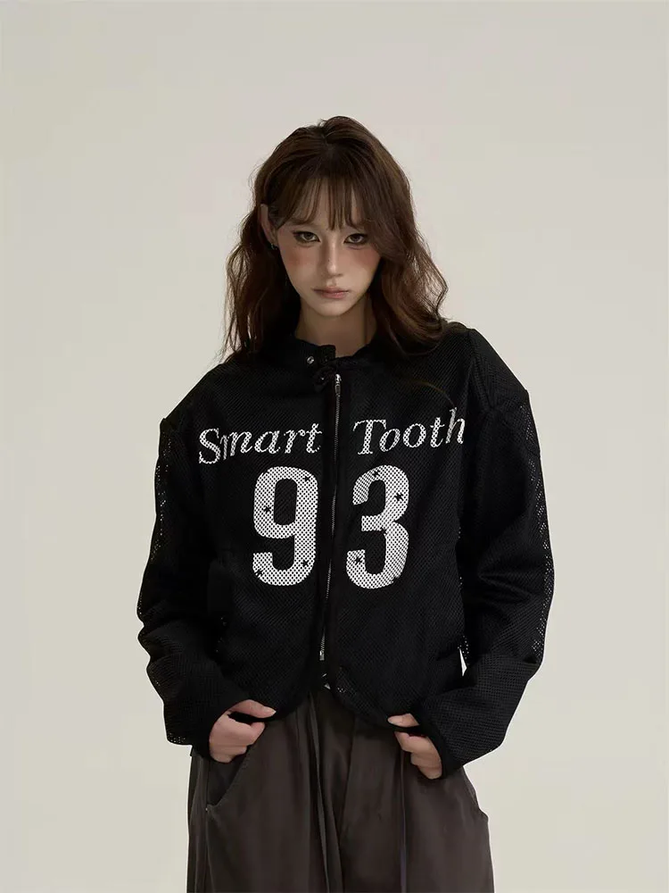 Letter Print Mesh Jacket for Women Japan Loose Stand Collar Sports Coats Y2K Streetwear All Match Long Sleeve Baseball Outerwear