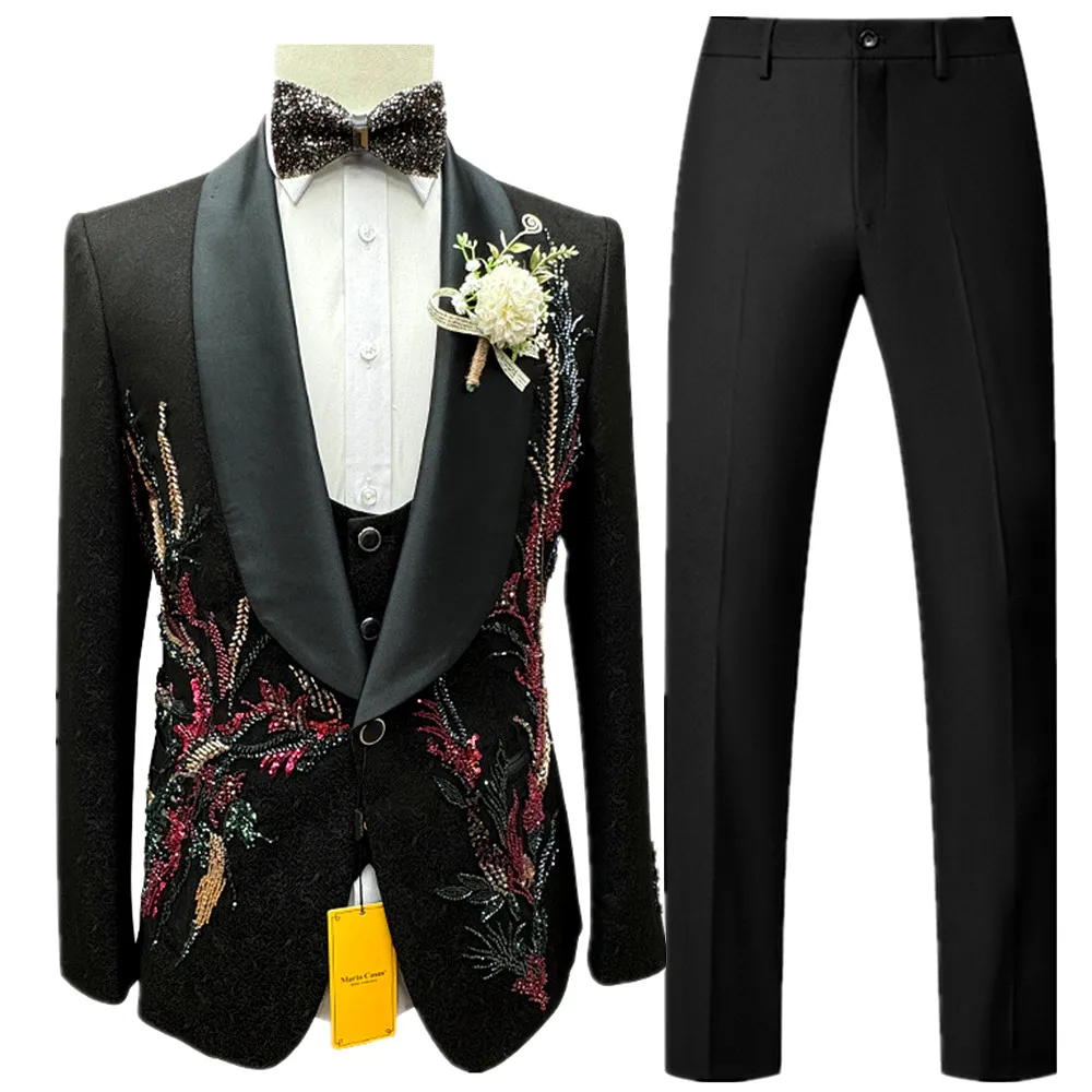 

White Sequin Crystal Embroidered Blazer + Vest + Black Slim Trousers - Men’s Formal Suit Set, Luxurious and Dazzling Suit.