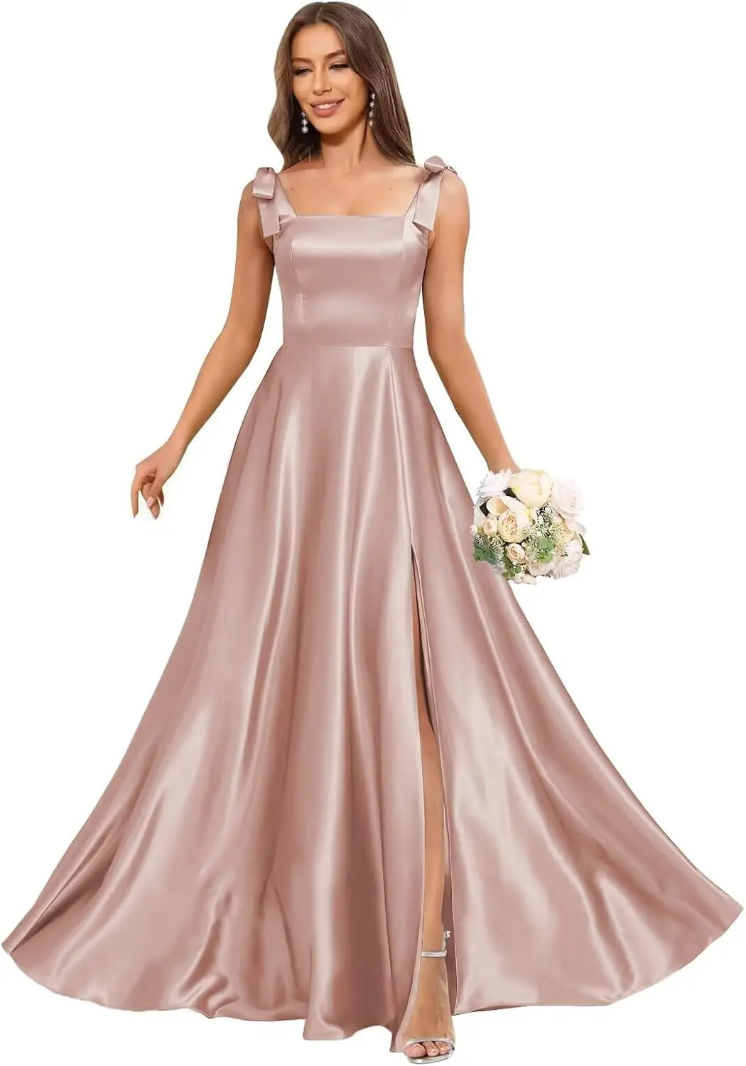 

A Line Satin Bridesmaid Dresses with Bow Square Neck A Line Formal Evening Dresses Long for Women Party Dresses Women Evening