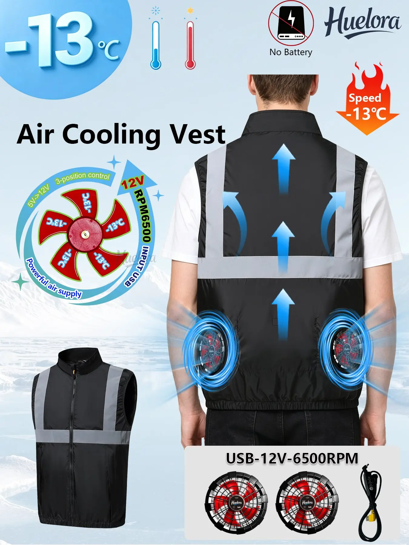 

Air Cooling Vest Men Dual Fans USB Summer Construction Work Sleeveless Waistcoat High Vis Cooling Jacket No Battery