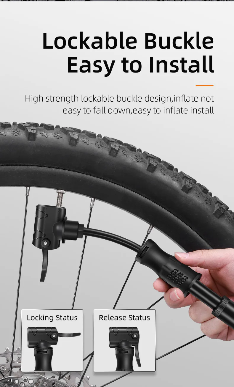 WEST BIKING Tragbare Fahrradpumpe, Mini-Fahrradreifenfüller mit verstecktem Schlauch für Presta- und Schrader-Ventile, Zubehör für Rennrad und Mountainbike – Detail 8