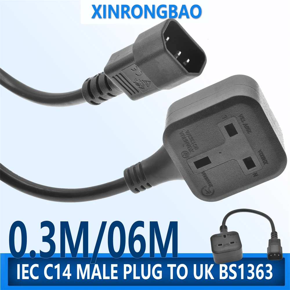 Singapore IEC C14 Male Plug to UK BS1363 Female Socket Power Adapter Cable 0.3m/06m Connect C13 PDU UPS Extension Cord 13A 250V*