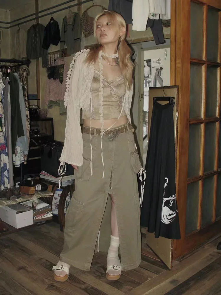 Vintage Irregular Ruffle Crop Shirt Y2K Aesthetic 90s Sexy Lantern Sleeve Lace-up Blouses Summer Wasteland Punk Streetwear Tops