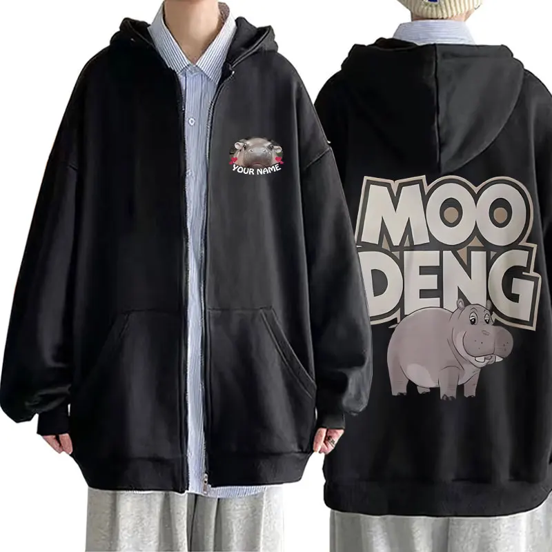 

Your Name Moo Deng Funny Meme Zipper Hoodie Baby Hippo Graphic Zip Up Hoodie Men Women's Fashion Casual Oversized Zip Up Jacket