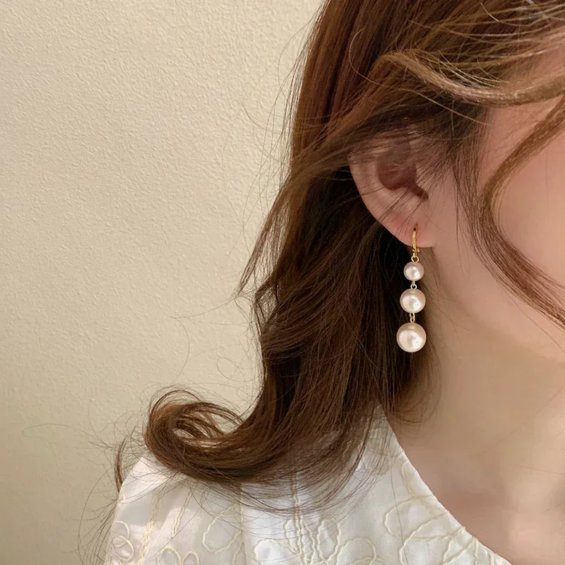 Golden Metal Hoop Dangle Earrings, White Imitation Pearl Long Drop Jewelry For Weddings & Parties