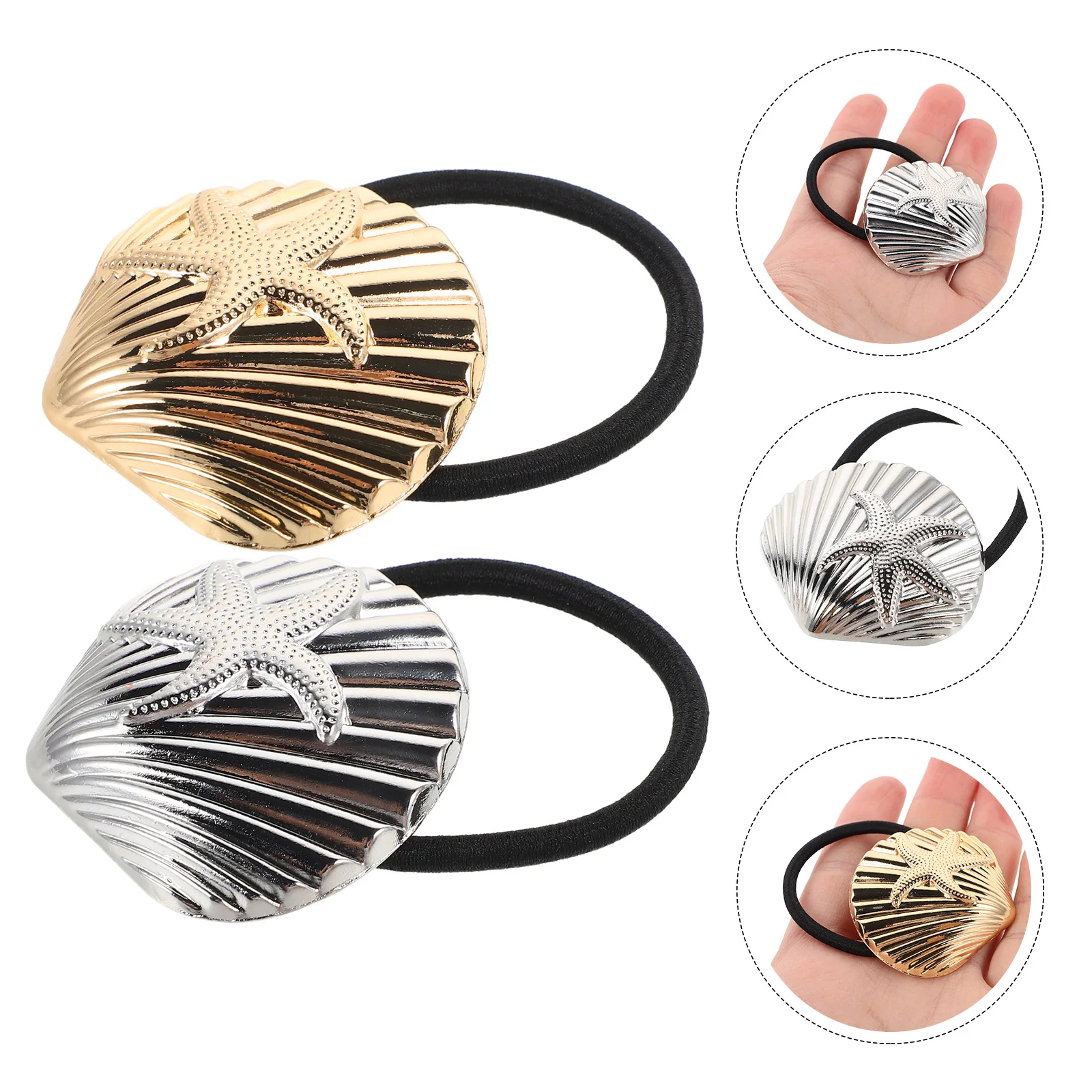 

2pcs Shell Charm Scrunchies Vintage Metal Sea Star Seashell Elastic Ponytail Holders Women Stretchy Decorative Ropes Braid
