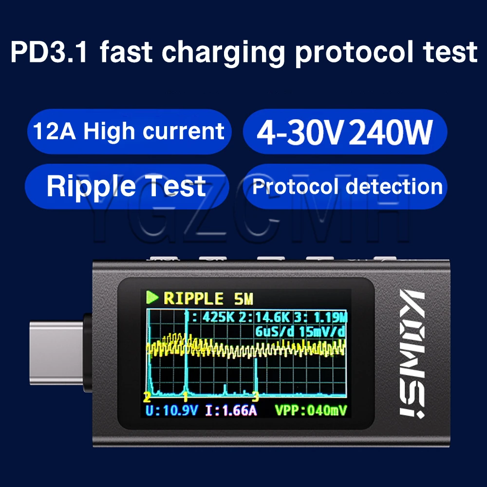 DC 4-30V 0-12A Type-c Test Meter Power meter Protocol Detector IPS Digital Ammeter Voltmeter Charger KWS-X1