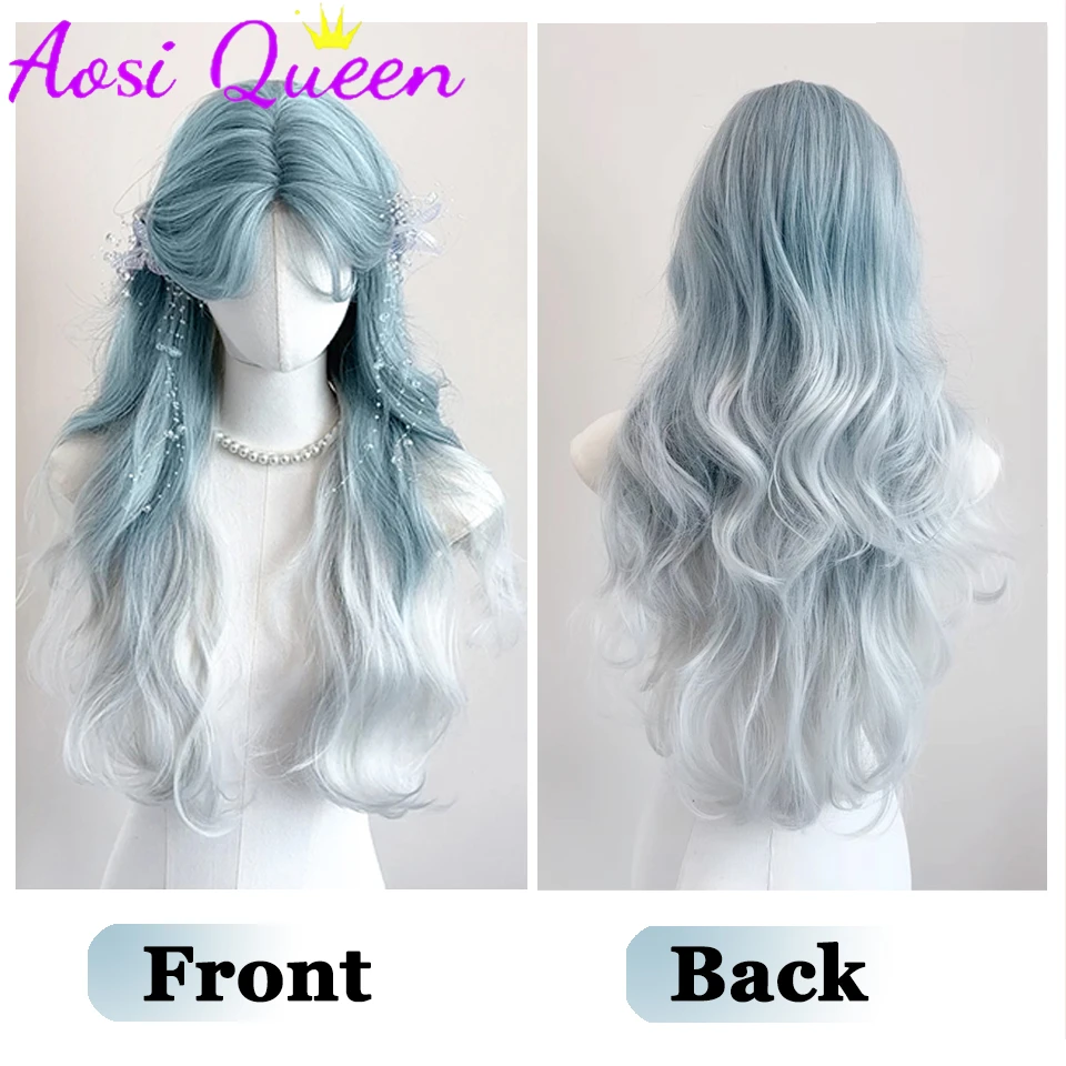 AosiQueen Long Body Wave Ombre Mmint Blue Cosplay Wigs Heat Resistant Synthetic Wigs Middle Part Natural Lolita Wigs For Women