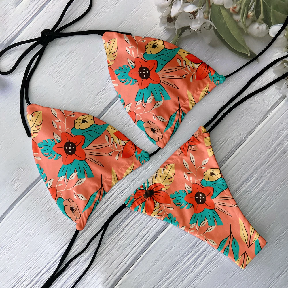 Cute woman funny bikini set cartoon animal flower pattern swimsuit summer beach vacation with chest pad lace-up beach gift