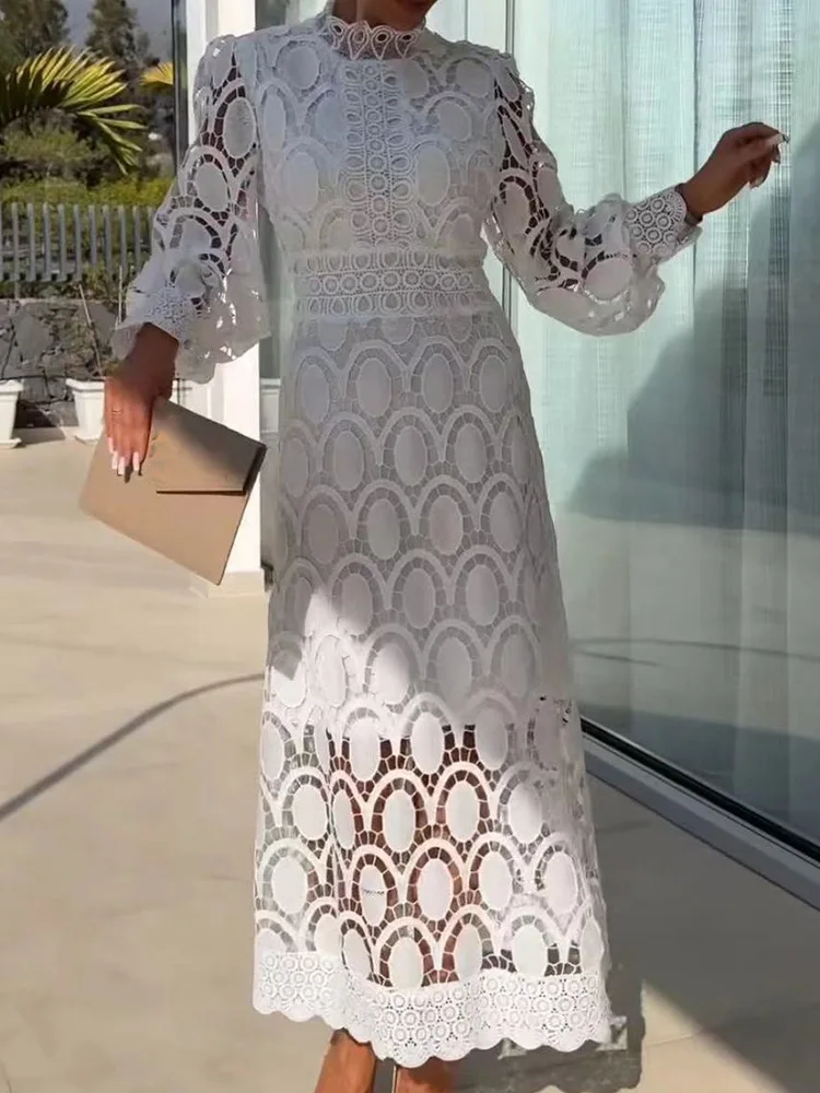 

Femme Patchwork Hollow Out Solid Dress Summer Women Lantern Sleeve Zipper Slim Dress 2024 Party Club Chic Stand Collar Dresses