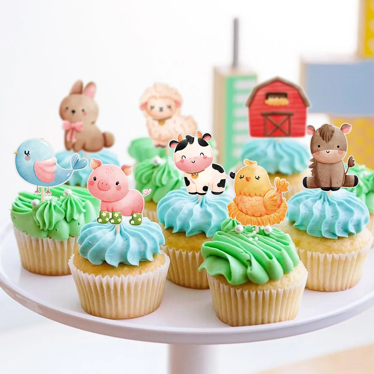 32 Stücke Cartoon Bauernhof Tier Cupcake Topper Kuh/Pferd/Schaf Topper Für Bauernhof Themen Alles Gute Zum Geburtstag Party DIY Kuchen Dekorationen