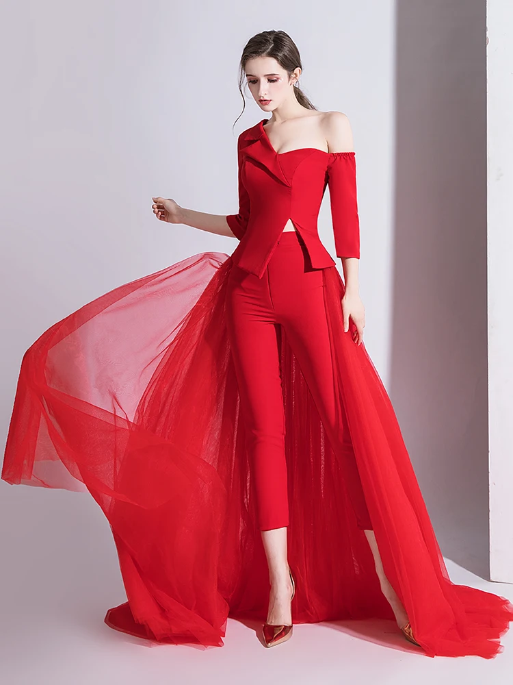 Toast Dress Red Long Sleeve Spring/Summer Slimming Annual Meeting Dress Female Banquet Temperament Noble Long Pants Han Fu