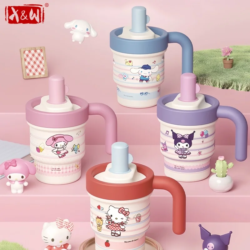 X&W Sanrio Coffee Thermal Mug 530ML Cartoon Hello Kitty Straw Water Cup with Dust Straw Cap＆Handle Office Desktop Tumbler Gifts