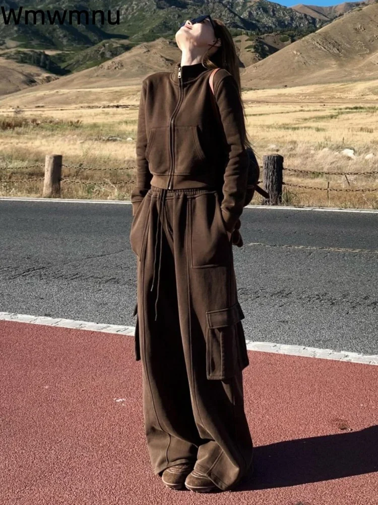 

Мешковатые застежки-молнии, винтажные спортивные Conjuntos, женские повседневные модные ансамбли, брюки-карго с высокой талией и шнурком, комплект из 2 предметов