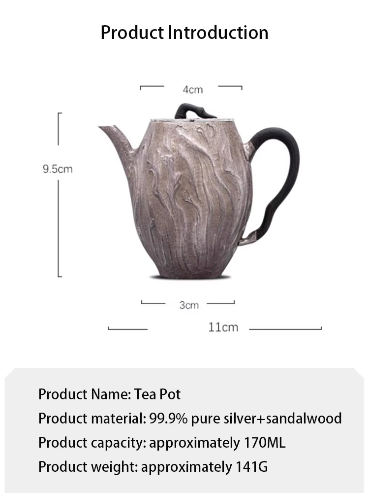 99.9% sterling silver handcrafted tea pot, Chinese style home antique silver tea pot, withered wood brings spring
