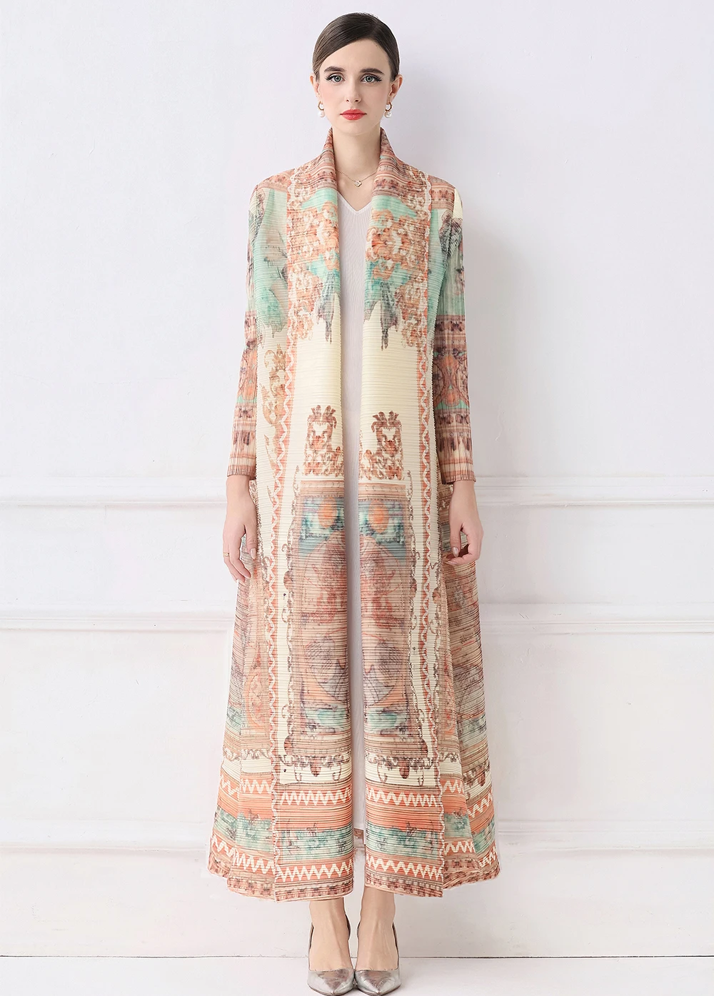 

Женский длинный шифоновый плащ с принтом - осенний дизайн морщин, свободная верхняя одежда больших размеров, горячая распродажа 2025 г.