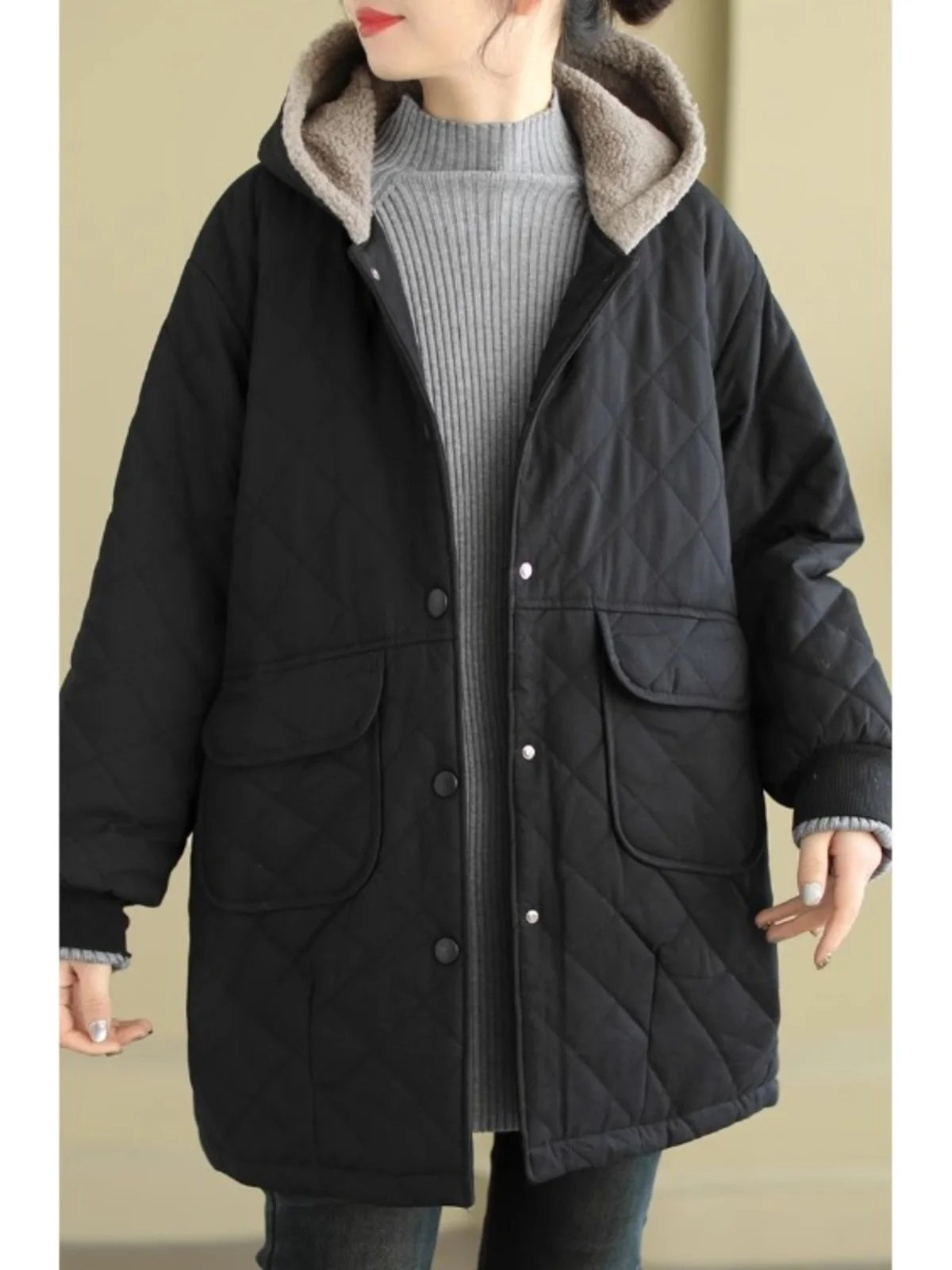 Retro Japanse Sle Lam Fluwelen Capuchon Katoen Jaet Dames Herfst Winter Losse Thi Warme Katoenen Kleding Halflange Bovenkleding