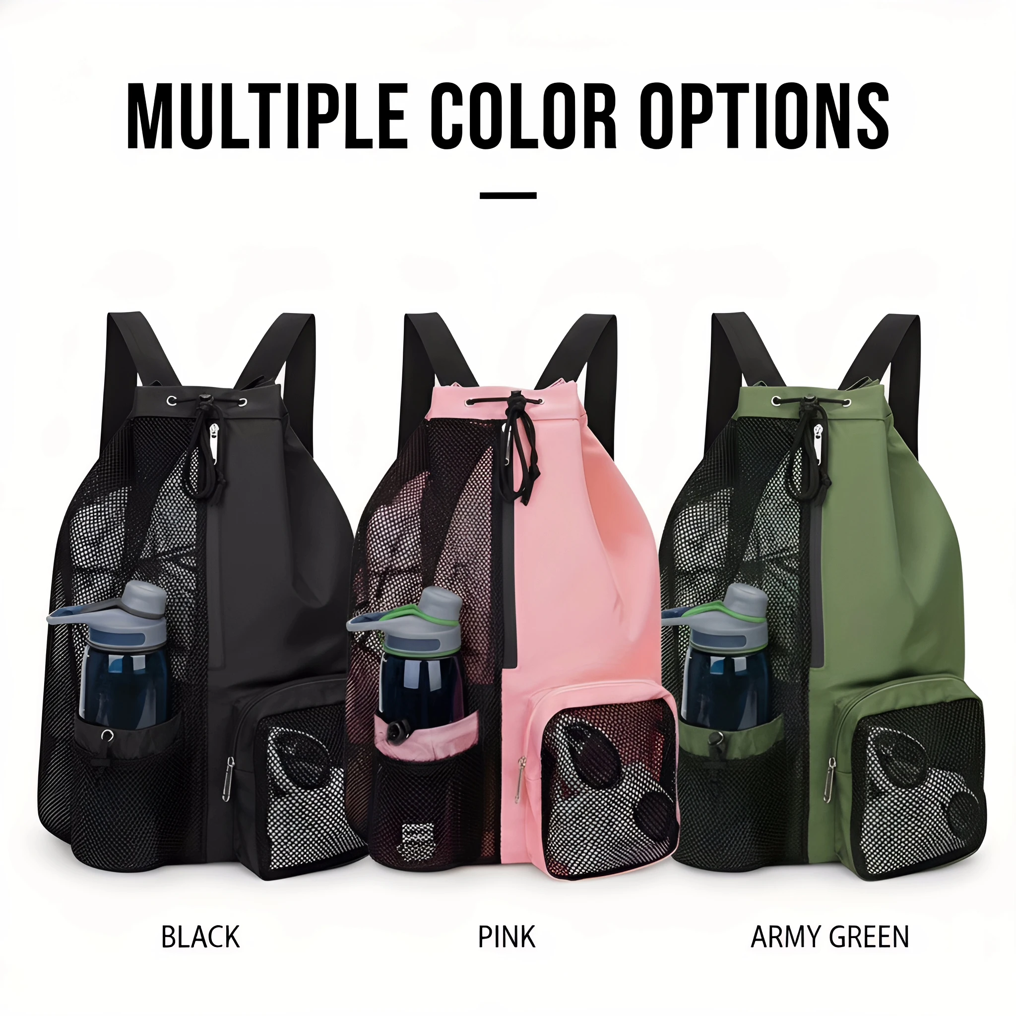 

Adjustable Strap Mesh Backpack Black Green Durable Nylon Multiple Zipper Pockets For Beach Gym And Fitness Sports Bag