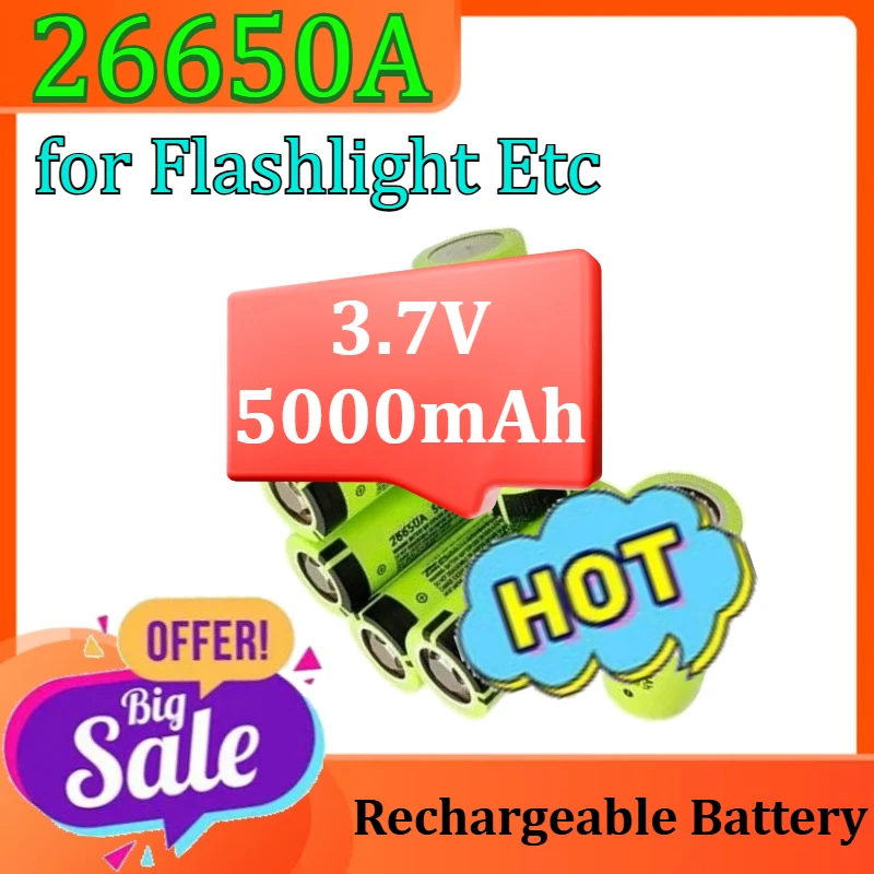 

Flat Top 26650A Battery Lithium Ion Rechargeable Battery for Flashlight Etc 3.7V 5000mAh