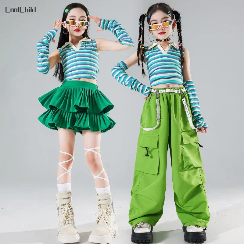 

Hip Hop Kids K-pop Striped Crop Top Street Dance Cargo Pants Pleated Skirts Girls Streetwear Children Jazz Costumes Clothes Sets