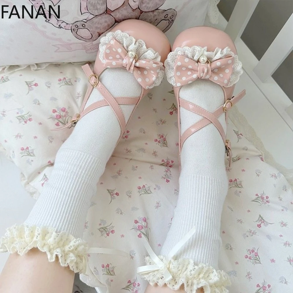 

Low Heels Pumps Kawaii Pink Lolita Flats Polka Dot Bow Sweet Cute Princess Platform Shoes Summer Breathable Sandals