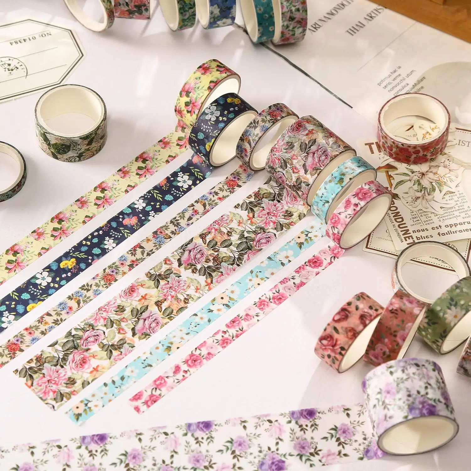 Juego de Cintas Decorativas Washi con Diseño Floral - 15 Rollos de Cintas Adhesivas con Flores, Decoración de Jardín, Pegatinas Decorativas, Cintas de Enmascarar para Manualidades A3270