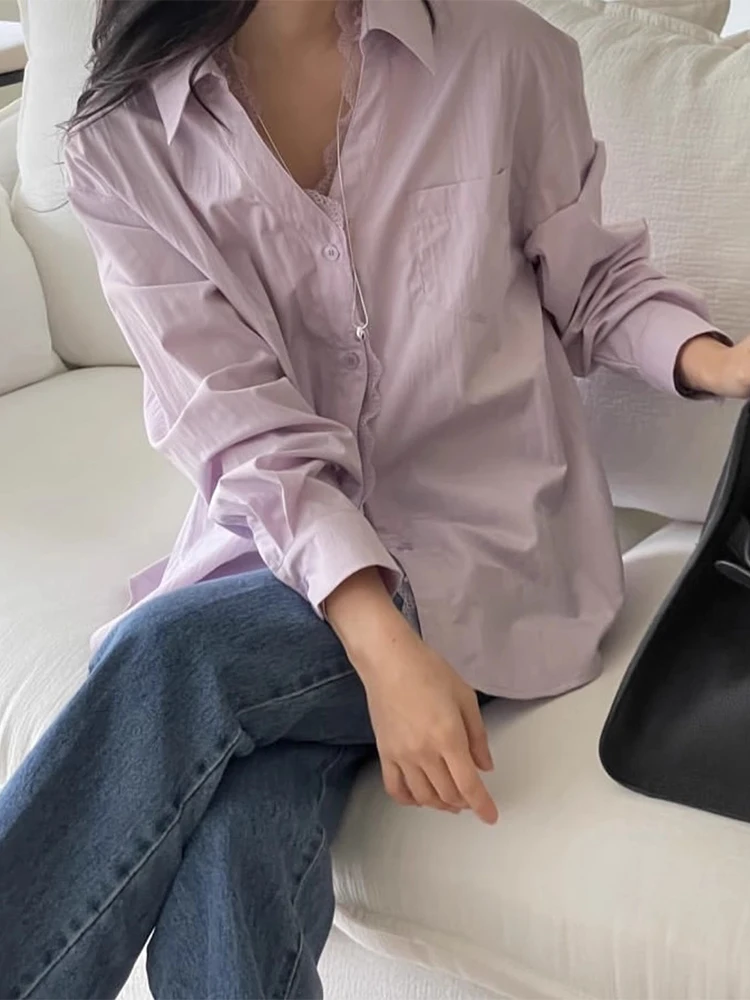 

Chic Spring New Sle Women's Loose Casual Long Sve irt Lace Trim Splicing Design Comfortable Cotton Commute Faion