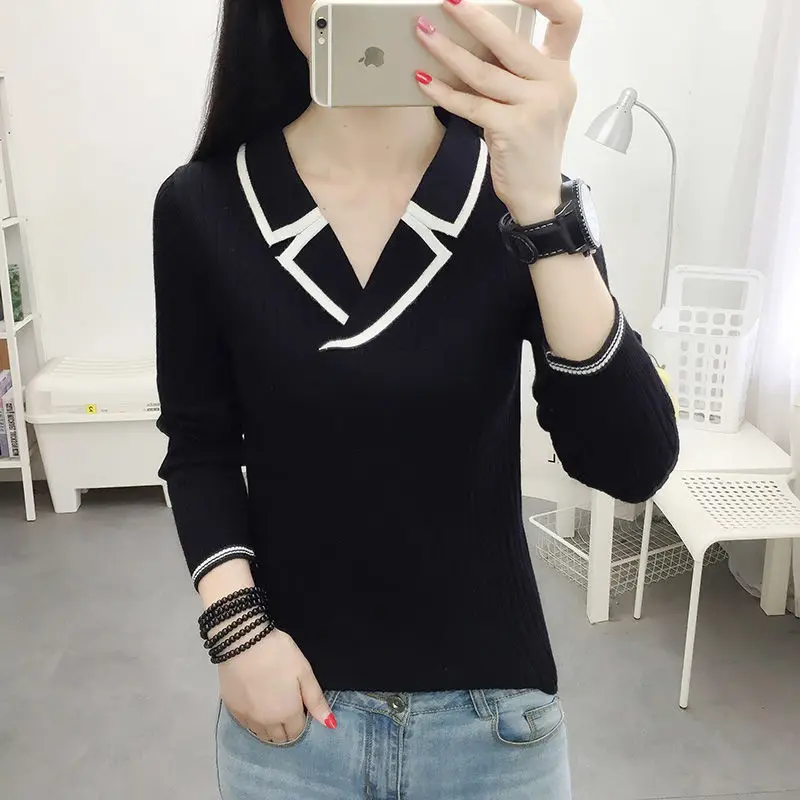 2023 Autumn and Winter Women\'s New Sweater Slim Fit Korean V-Neck Fashionable Underlay Solid Color Comfortable Versatile Top