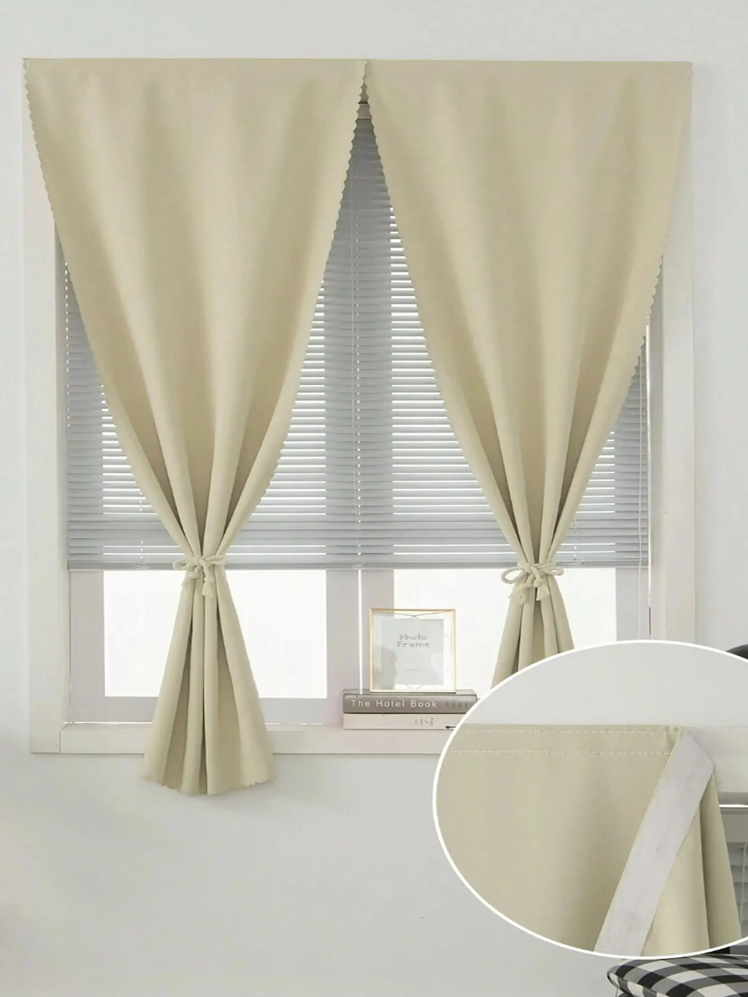 1pc No-Drill Installation Beige Blackout Curtains, Wave Edge Reversible Same-Color Textured Ready-Made Drapes