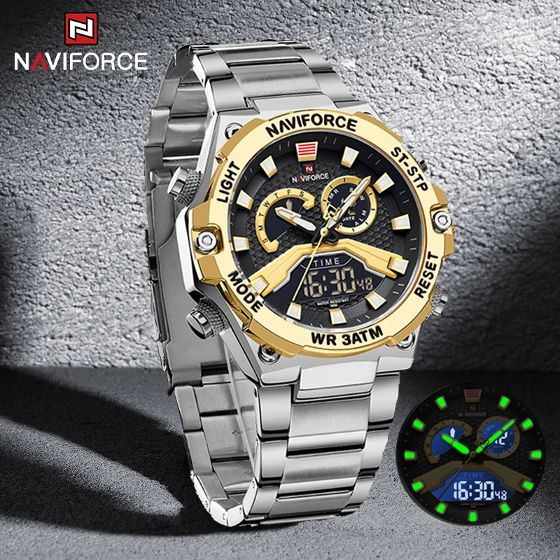 

NAVIFORCE Watches for Men Dual Display Stainless Steel Luminous Waterproof Digital Alarm Clock Quartz Watches Relogio Masculino