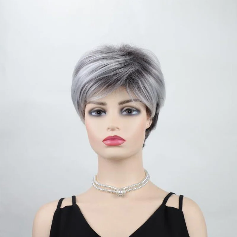 

Ladies Natural Short Black Light Gray Straight Hair Curly Wig