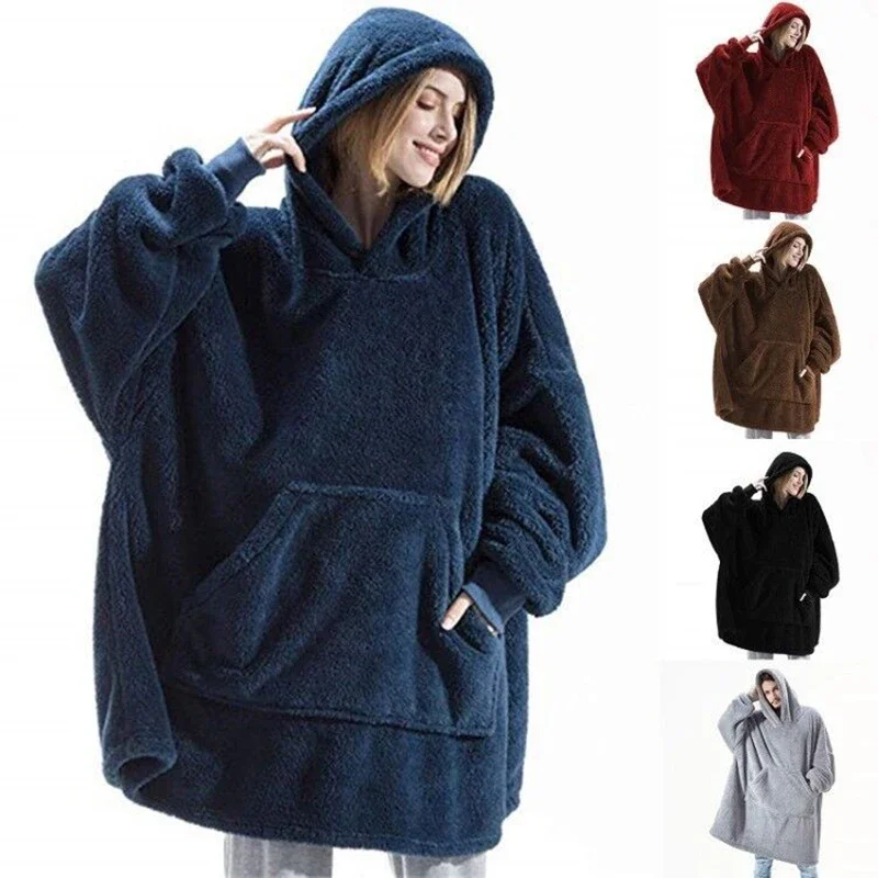 Winter Fleece Hoodie Blanket Oversize Women Double-faced Large Pocket Warm Couple Women Men Robe Loose Sleepwear Pajamas