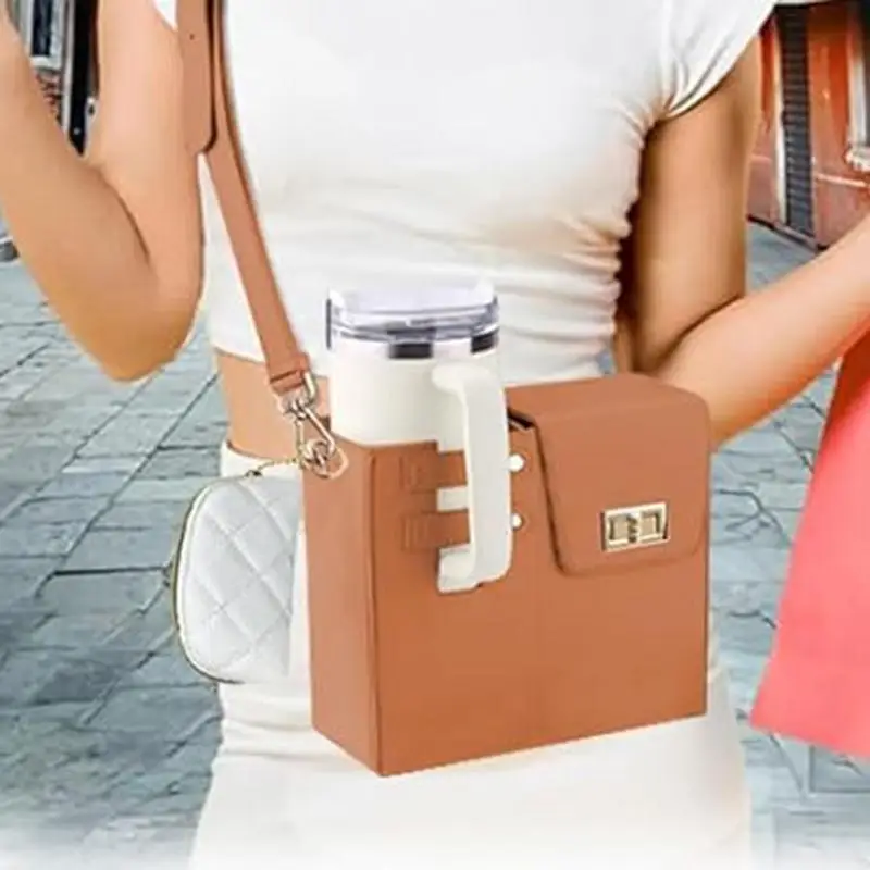 Portable Water Bottle Holder PU Leather Cover Travel Water Bottle Bag Adjustable Shoulder Strap With Phone Pocket