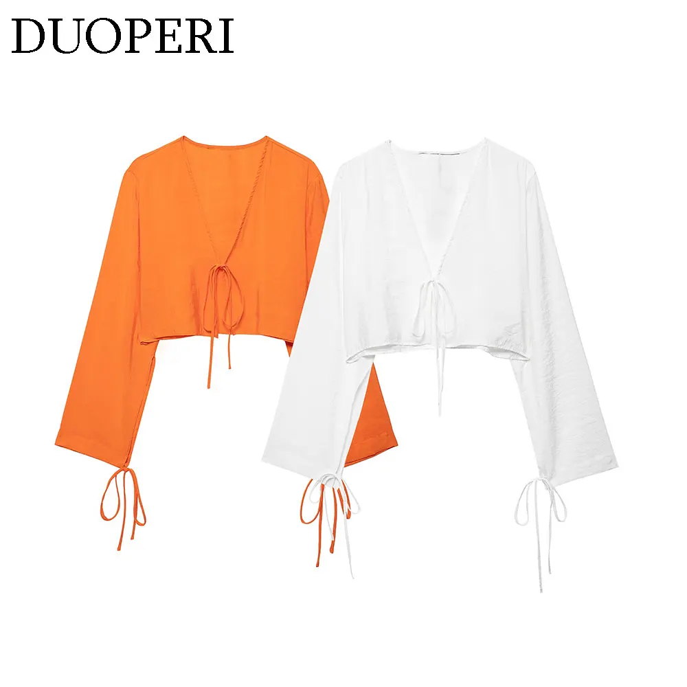 DUOPERI Women Fashion Solid Lace Up Draped Cropped Shirt V-Neck Long Sleeves Female Chic Lady Casual Short Blouse