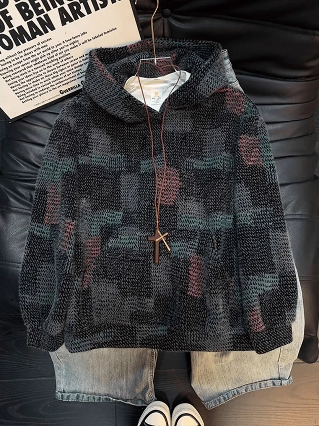 

Korean Sle Rainbow Plaid Hooded Knitted Sweatirt Women Loose Slimming Heavy Trendy Brand Couple Tops Casual Wear