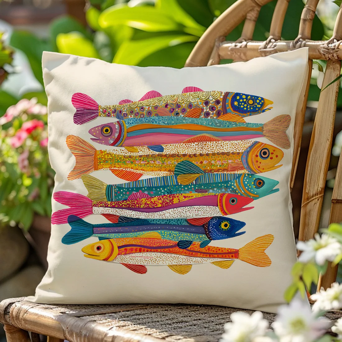 

1pc Colorful Folk Art Fish Throw Pillow Cover, 2D Double-Sided Print Soft Polyester Cushion Case for Home Sofa Bedroom Car Decor