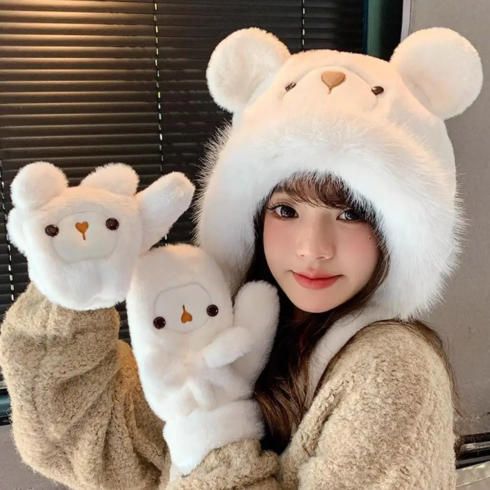 Winter New Plush Bear Onesie Hoodie Windproof Warm Hat Plush Big Head Surround Pullover Hat Gloves Two-piece Suit