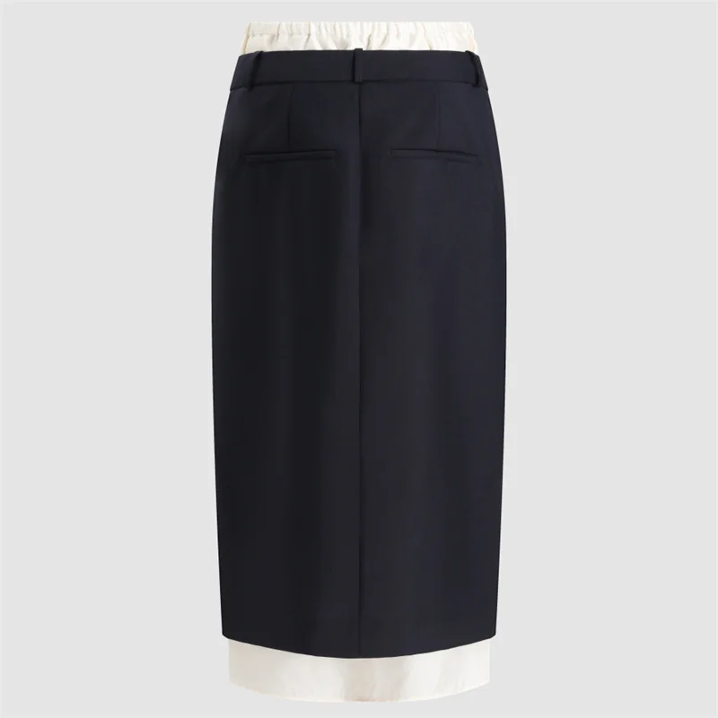 women's skirt New color blocking patchwork long skirt for autumn 2026 Wool blend women's half skirt High waisted pencil skirt