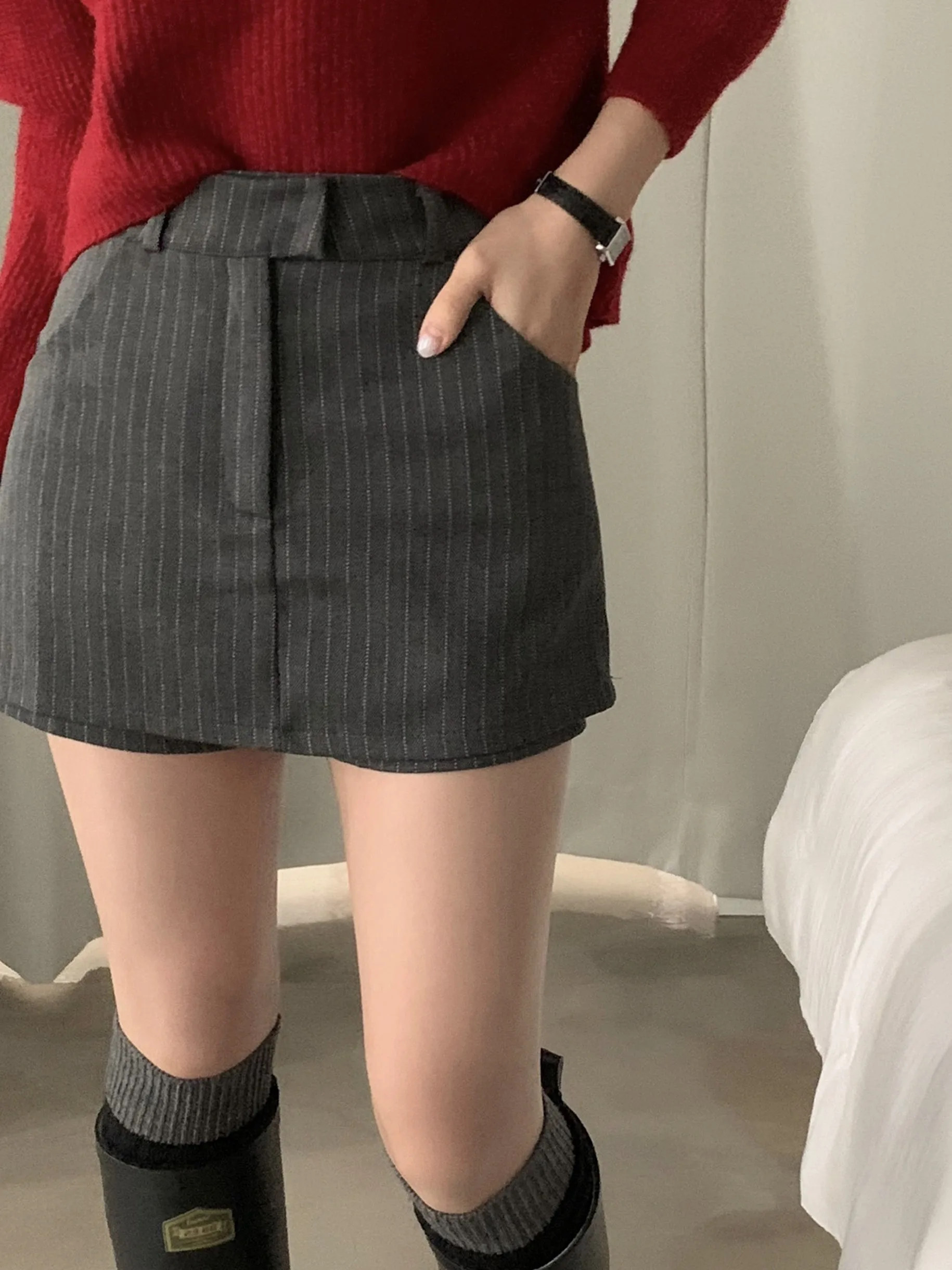 Autumn Winter Stripe High Waist Slim A-Line orts Women's Casual Versatile Faionable Knee-Length Skirt-Pants