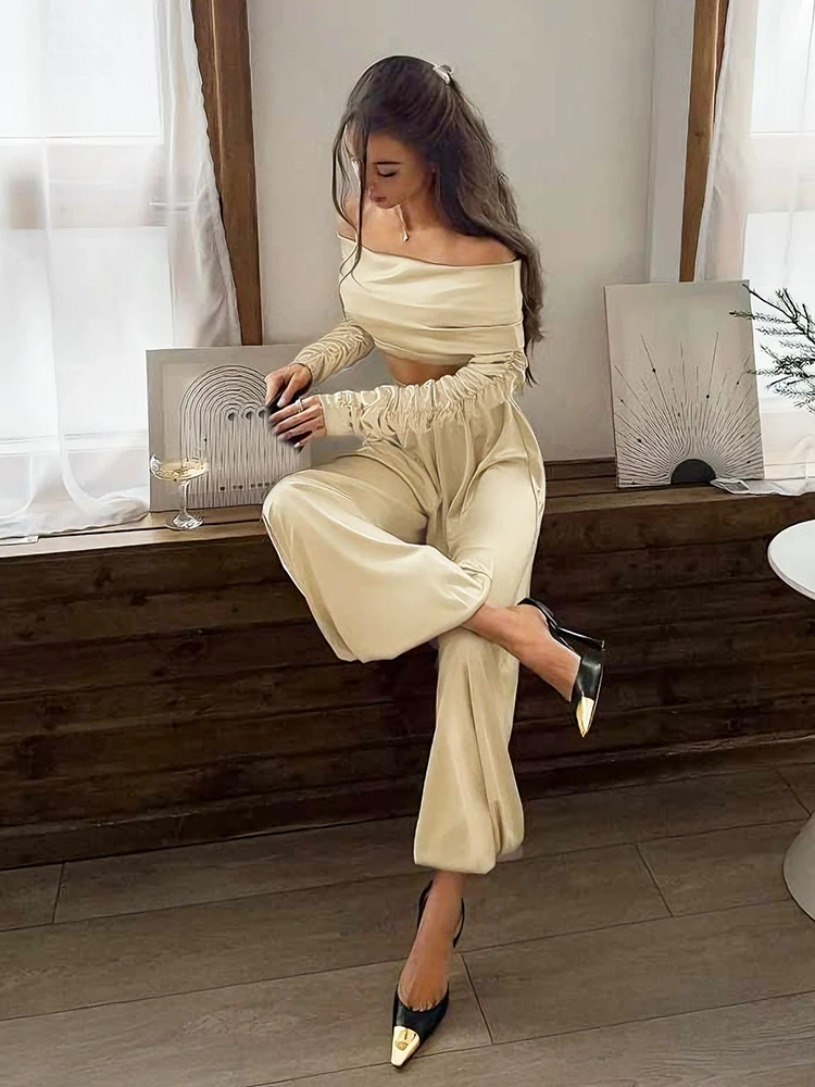 

Kliou Casual Fashion 2 Piece Set Woman Slash Neck Backless Full Sleeve Crop Tops+Elastic Waist Long Pants Simple Elegant Outfits