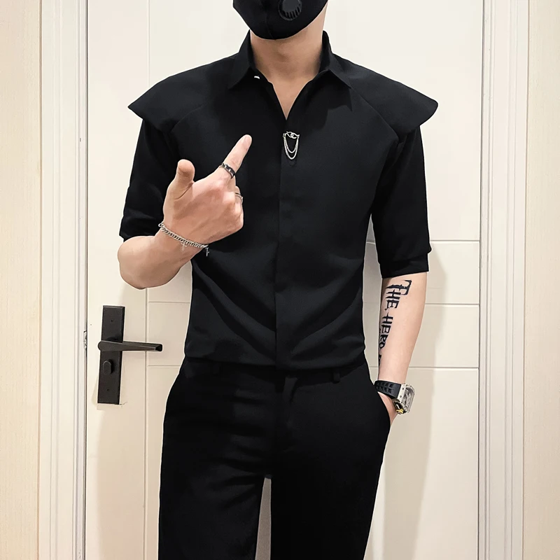 

Personalized Shoulder Design Men's Shirt Half Sleeve Casual Social Shirt Slim Fit Nightclub Stage Performances, Singer Costumes