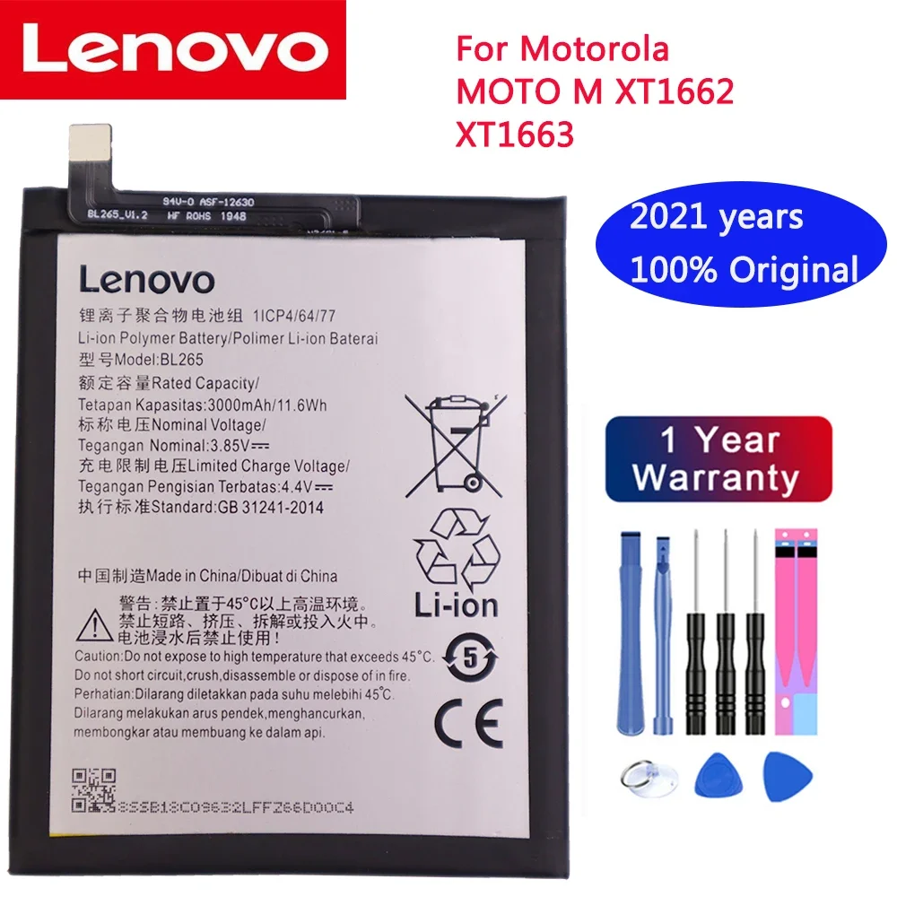 Lenovo 100% original battery BL265 for Lenovo XT1662 Battery For Motorola MOTO M XT1662 XT1663 3000mAh Batterie+free Tools