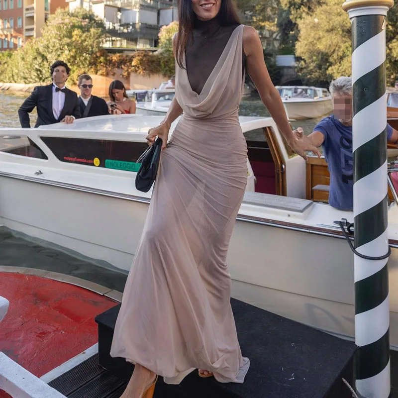 Abito da ballo sexy in rete impiombata con scollo a U increspato Primavera solido trasparente attraverso abito lungo sottile Abito estivo senza maniche con maxi abiti