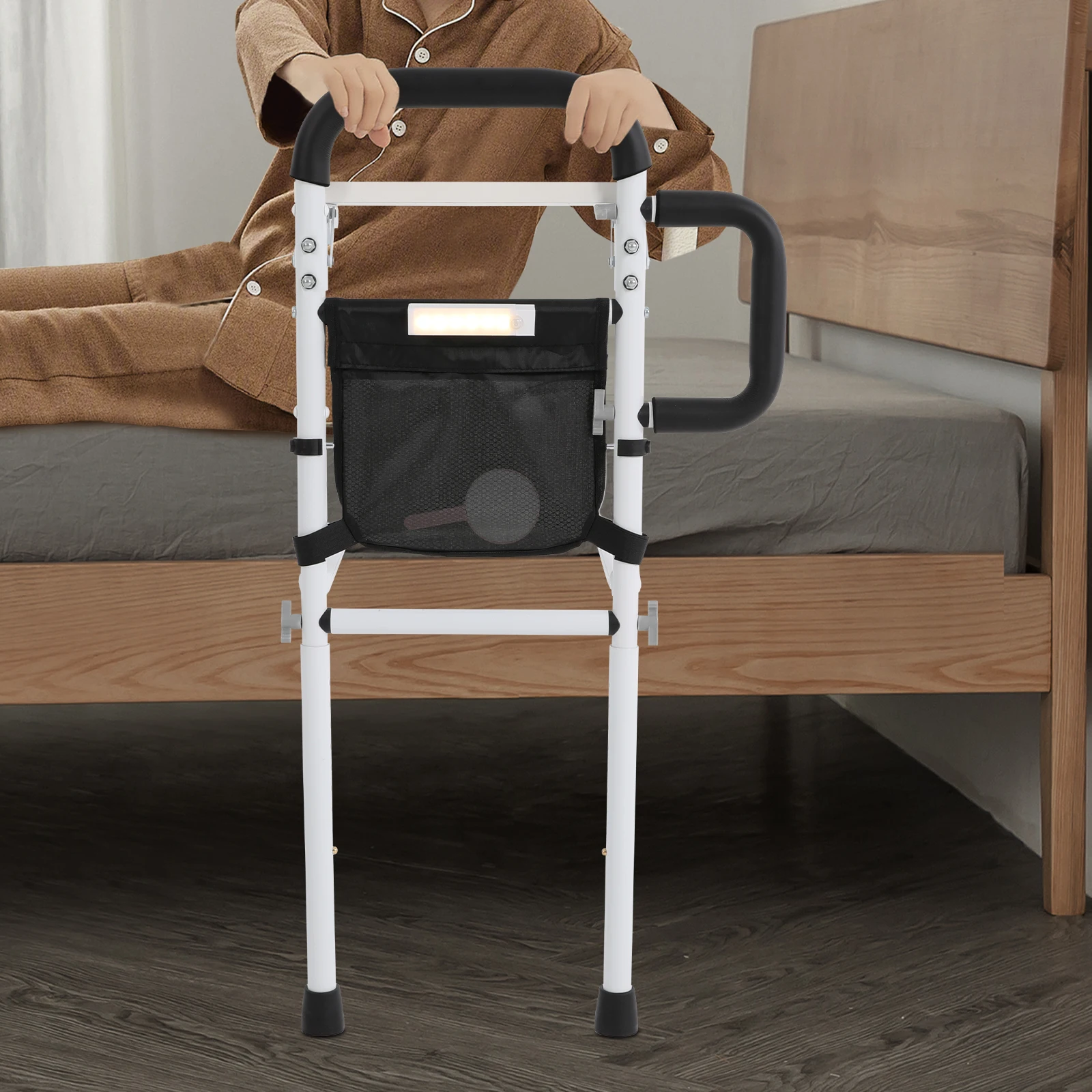 Adjustable Bed Assist Rail with Foldable Table & Night Light, 300lbs Capacity for Elderly Safety and Standing Aid