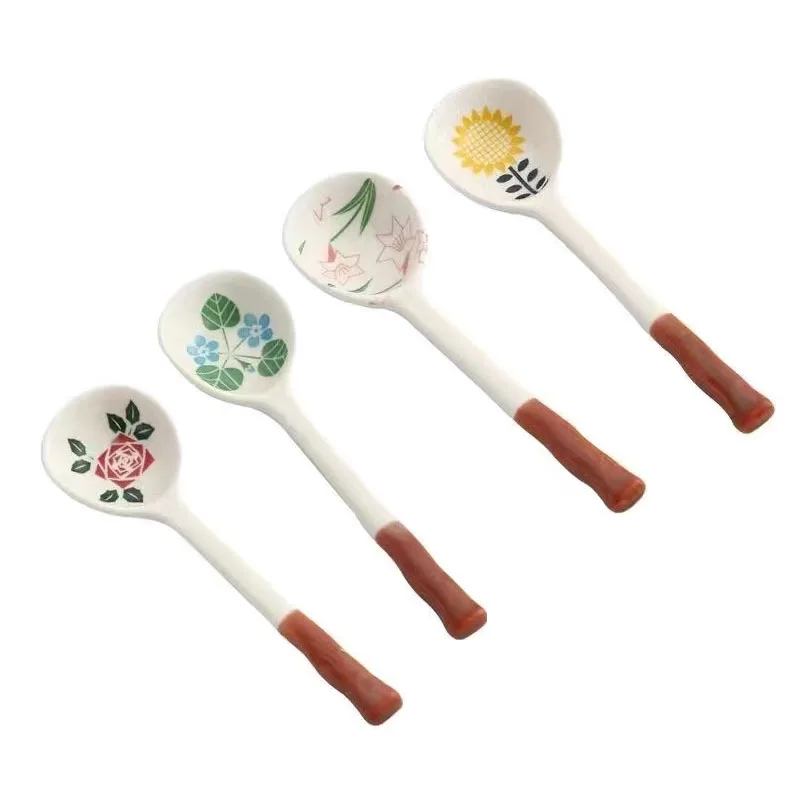 

Lamian Noodles Spoon Ceramic Western Style Flower Wooden Spoon Set, 8pc Spoon Set Spoon Cute spoon Shovel spoons Tea party