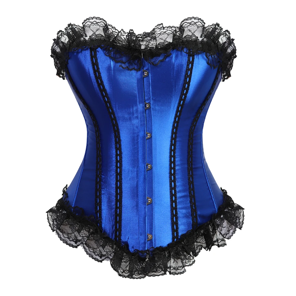Women's Corset Sexy Lingerie Black Lace Trim Corset Overbust Waist Cincher Bustier Top Gothic Clothes Exotic Apparel Blue Corset