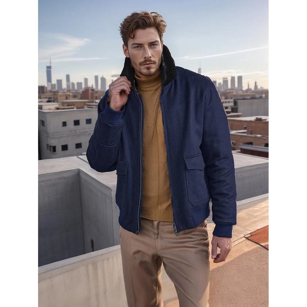 

Man Cargo Coat Autumn Winter Contrast Color Turn Down Collar Male Jacket Long Sleeve Pocket Men Casual Versatile Outerwear